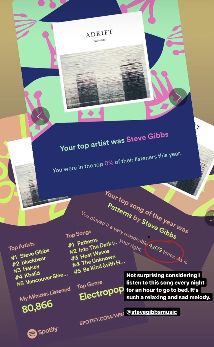 jbokchoi's tweet photo. My @Spotify wrapped is not surprising considering I listen to this song every night for an hour to go to bed lol. 

Thanks @stevegibbsmusic for giving me peace to sleep lol https://t.co/QyvCNU64j8