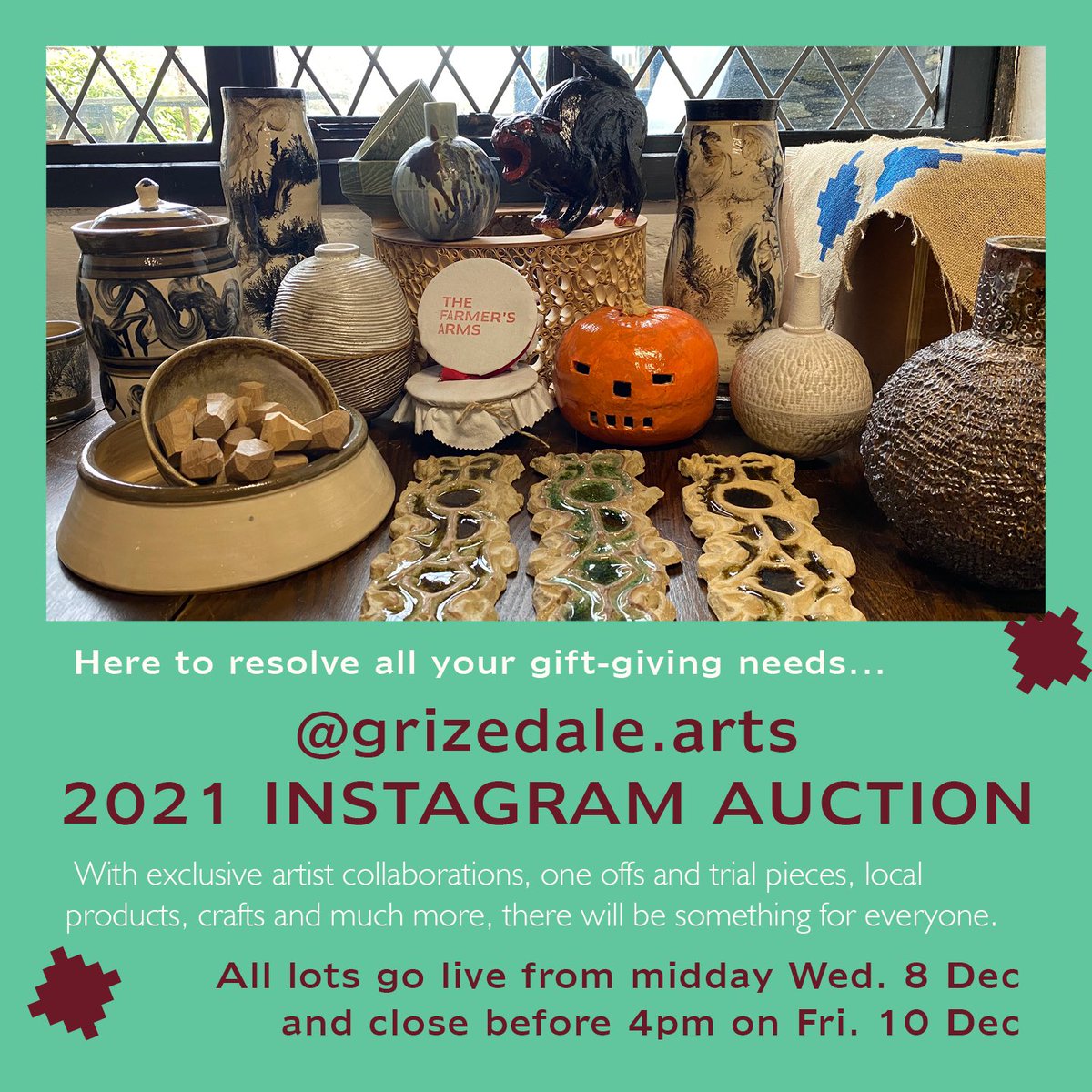 grizedalearts's tweet photo. HOT NEWS! Our Instagram Auction goes live from Wed 8th Dec with all lots closing by 4pm on Fri 10th. 
Solve your gift-giving needs and support @TheFarmersArms_ renovations.
Snap up exclusive artist collabs, local products, crafts and more - there will be something for everyone! https://t.co/7eDoGVZqJB