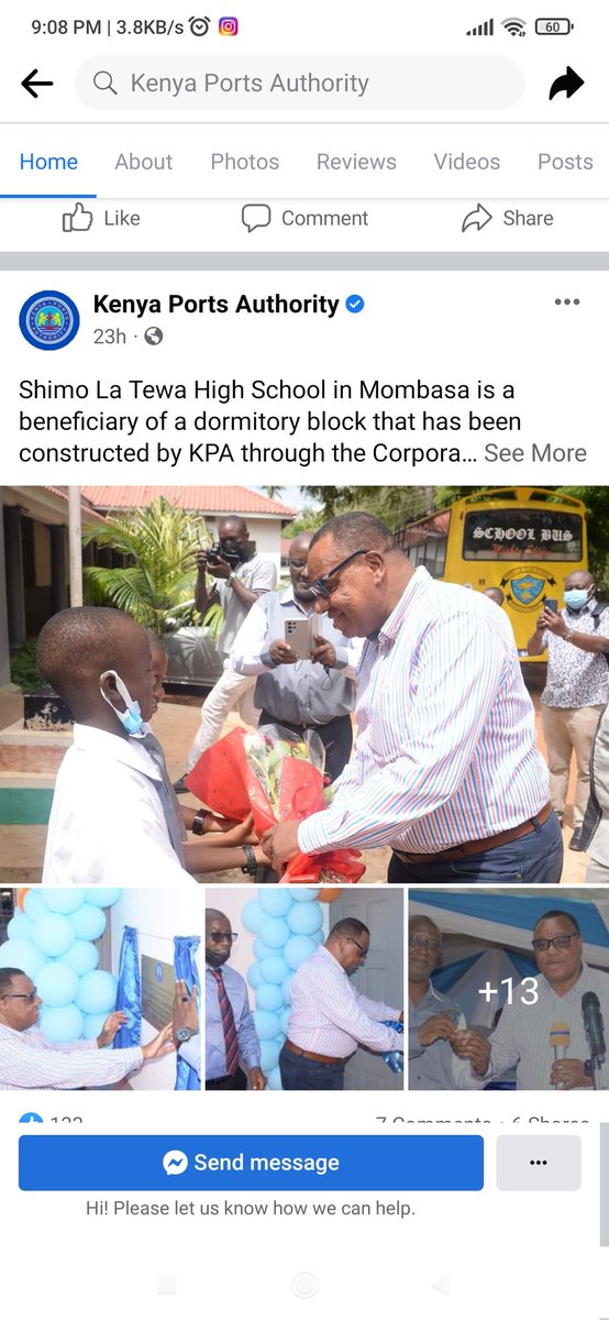 Shimo La Tewa High School is a beneficiary of a dormitory block with a capacity to accommodate 60 students,constructed by KPA  Corporate Social Investment Programme,was handed over in a colorful ceremony that was presided over by Acting Managing Director Amb. John Mwangemi.