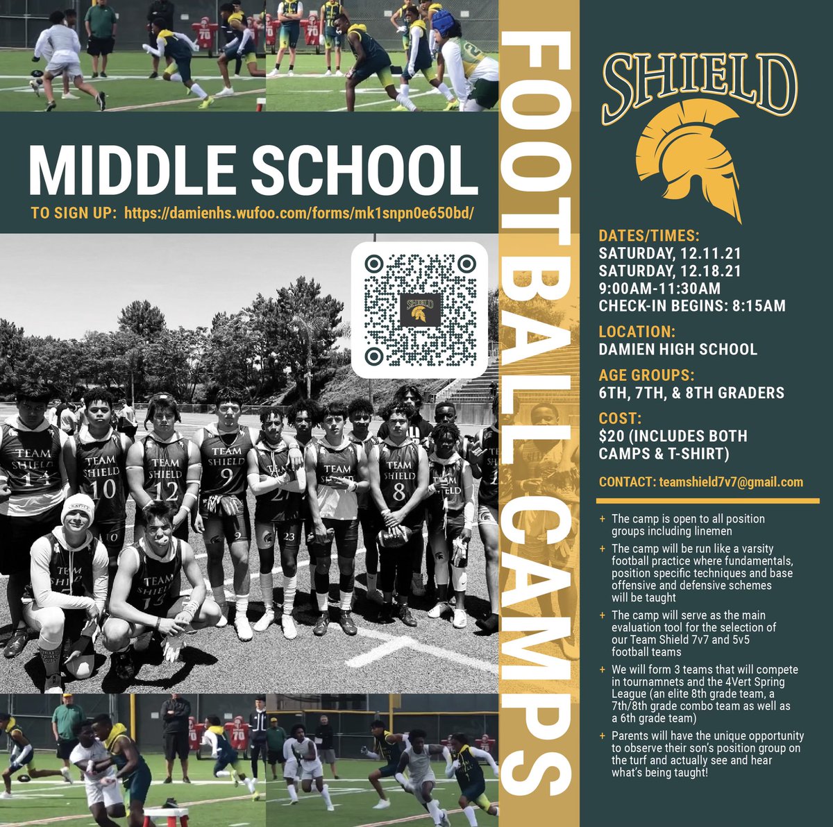 Team Shield 7v7 (@teamshield7v7) on Twitter photo TEAM SHIELD IS BACK!
We will be holding two tryouts for both our 7v7 and 5v5 on Saturday 12/11 and 12/18!
This year we will be forming three teams and will be competing in tournaments throughout Southern California.
Click the link in our bio to sign up today!
<a href="/SGVNSports/">Fred J. Robledo 👨🏻💻</a> TEAM SHIELD IS BACK!
We will be holding two tryouts for both our 7v7 and 5v5 on Saturday 12/11 and 12/18!
This year we will be forming three teams and will be competing in tournaments throughout Southern California.
Click the link in our bio to sign up today!
<a href="/SGVNSports/">Fred J. Robledo 👨🏻💻</a>