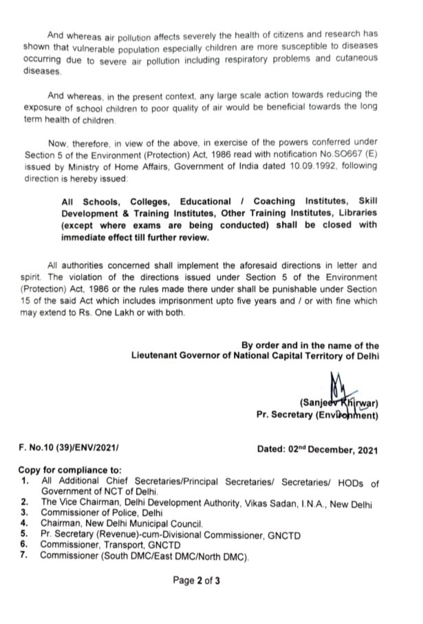 PeI_Netwerk's tweet photo. 📌Directions u/s 5 of the Environment (Protection) Act, 1986 to close #schools, #colleges, Educational Coaching Institutes, Skill Development and #Training Institutes, Other Training #Institutes, #libraries (except where exams are being conducted) with immediate effect in Delhi. https://t.co/deAR9iLTBw