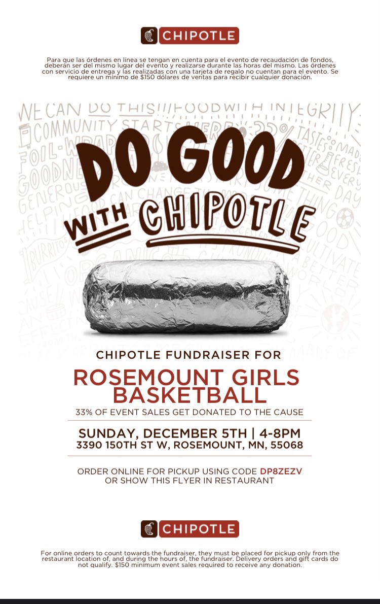 MsMiki21's tweet photo. Eat Chipotle in Rosemount on Sun 4-8 and help fund @RosemountHS girls #basketball. Show pic of flyer or  order online, using promo code, to grab 4-8pm. Money used for salaries,  bus &amp; gym rentals, equip, team bonding events &amp; more @CityofRosemount @ChipotleTweets #fundraising https://t.co/a8CDFN0zTu