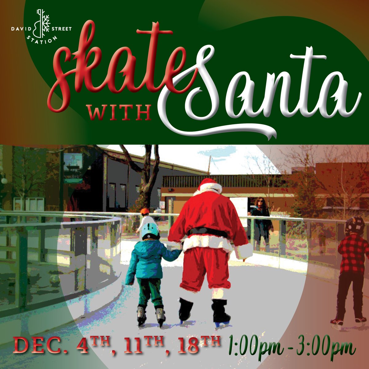 DavidStStation's tweet photo. Santa Claus is coming to David Street Station! 🎅 Join us the next three Saturdays, December 4th, 11th, and 18th, from 1:00 PM - 3:00 PM for our Skate with Santa. He'll be making a list and checking it twice, so don't miss your chance to come skate with him on the ice! ⛸️ https://t.co/OIxmFaVD2s