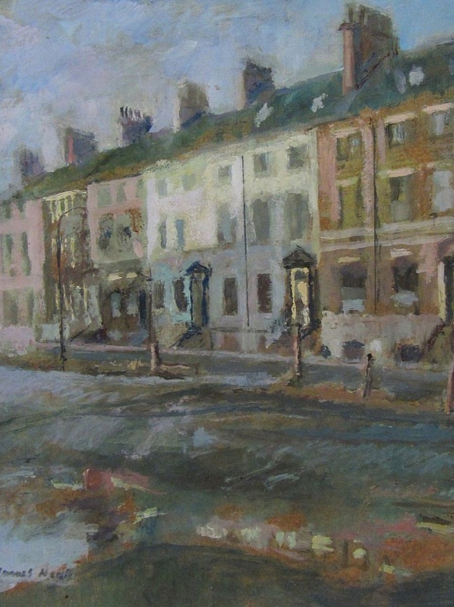 ahistoryinart's tweet photo. James Neal was best known for his depictions of the streets of Hull in east Yorkshire where he arrived in 1958, three years after the poet Philip Larkin, and, like Larkin he saw the city from the unsentimental outsider's perspective. This is 'Albion Street,' from the mid 1960s. https://t.co/IP64MVgmto