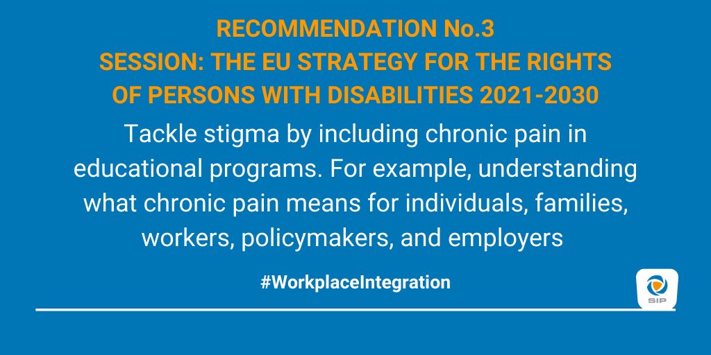 SIP_PainPolicy's tweet photo. Recommendation 3 from the #WorkplaceIntegration event - EU Strategy for the Rights of persons with disabilities 2021-2030. Tackle stigma by including chronic pain in educational programs 👉  https://t.co/pTR4fbfz3f
#EDPD2021 #EUDisabilityRights https://t.co/6kHJ07H9f3