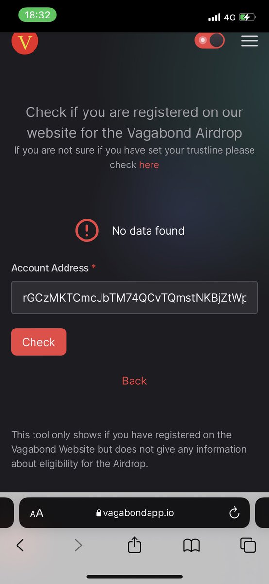 zacharyfarrell_'s tweet photo. @Vagabondappio set the trust line and filled the form out. This comes up when I check eligibility. https://t.co/meUkrzi5Vb