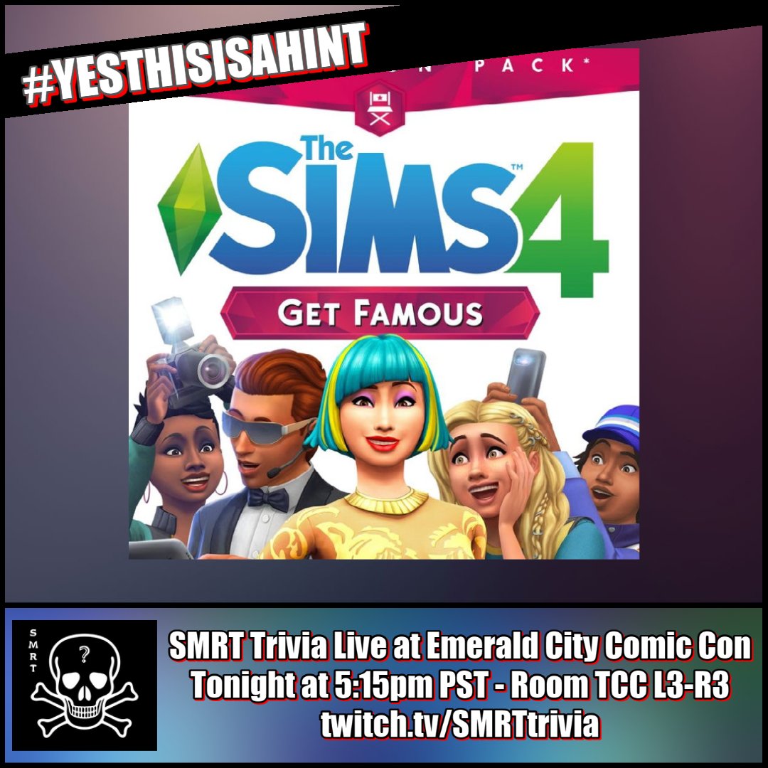 SMRTtrivia's tweet photo. In 2018 gamers were introduced to Del Sol Valley as they embarked upon the path of fortune and glory in The Sims 4: Get Famous expansion, and #YESTHISISAHINT for tonight's game show live at @emeraldcitycon! Join us at 5:15pm in TCC Room L3-R3 and play to win! #trivia #ECCC2021 https://t.co/O9a15kjamU
