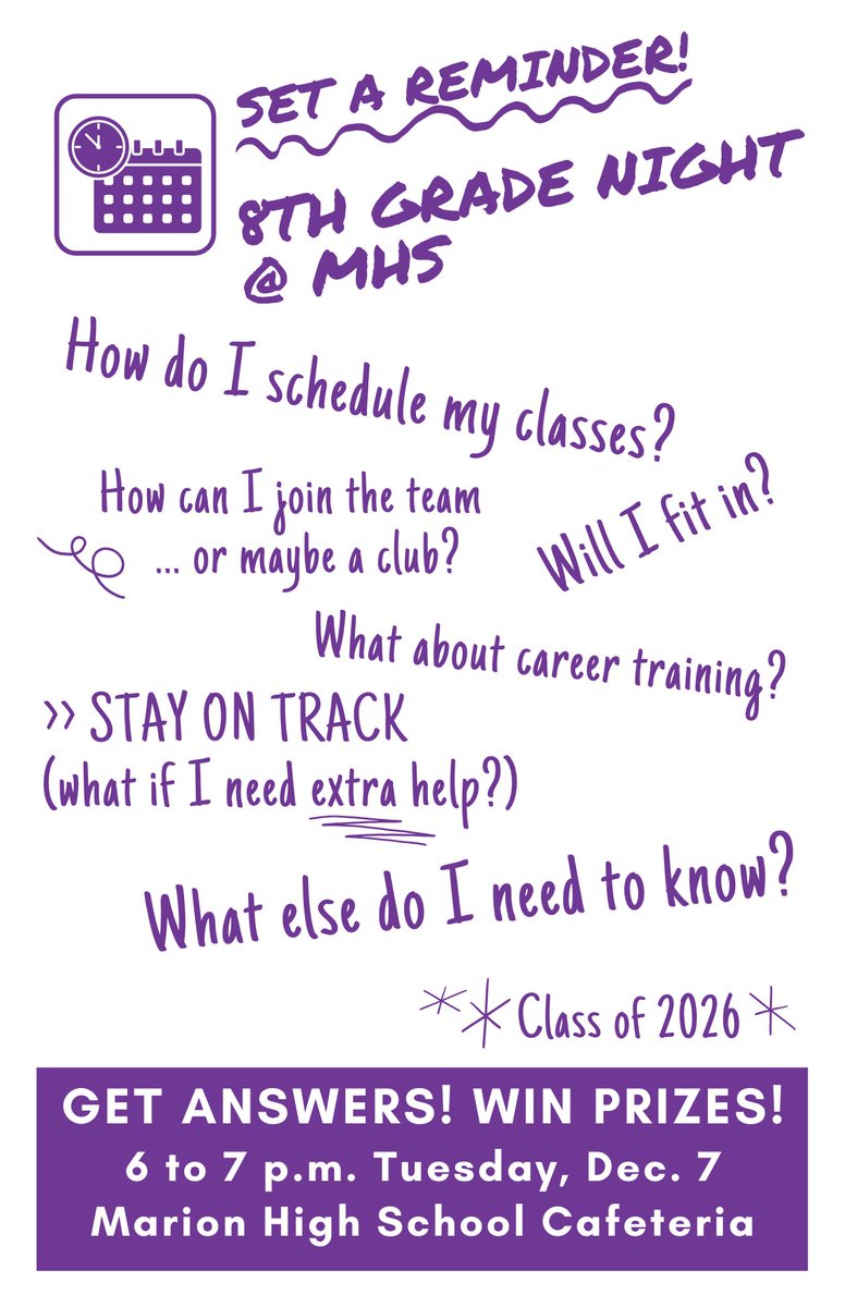 GiantsGuide's tweet image. Hey, @McCullochJrHigh 8th-graders: You're headed to Marion High School next year. And you have a million questions. And you need answers! So, you better get to 8th Grade Night! 6 to 7 p.m. Tuesday, Dec. 7, at the Marion High School cafeteria. (You might even win prizes!)