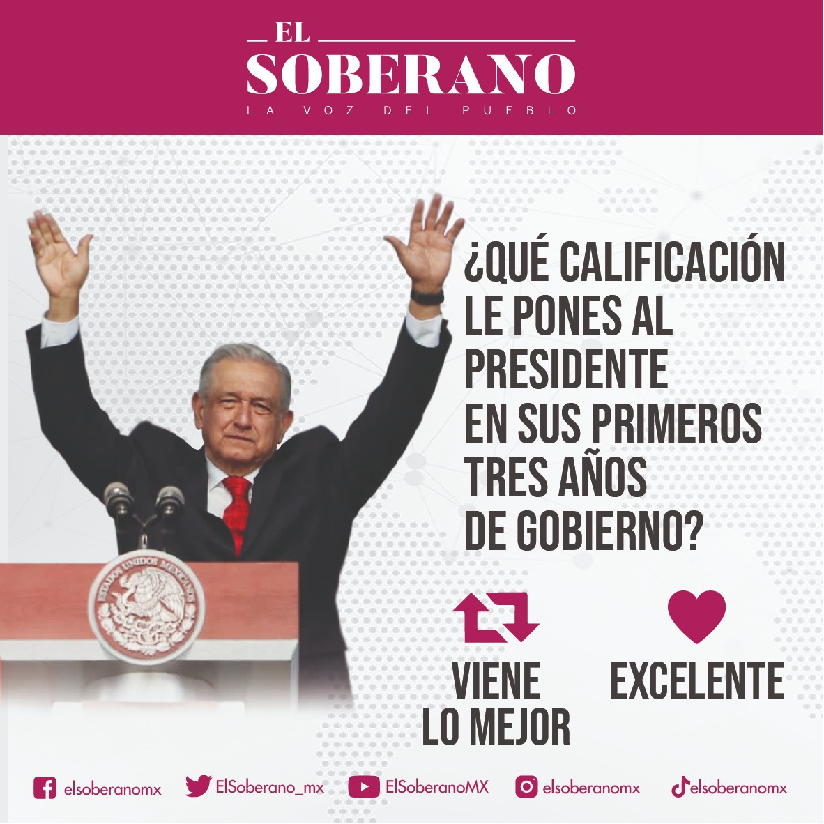 ElSoberanoMX's tweet photo. Tras escuchar el informe al Pueblo, ¿qué calificación le pones al Presidente @lopezobrador_ a la mitad de su sexenio? https://t.co/VcJjoEVsCr