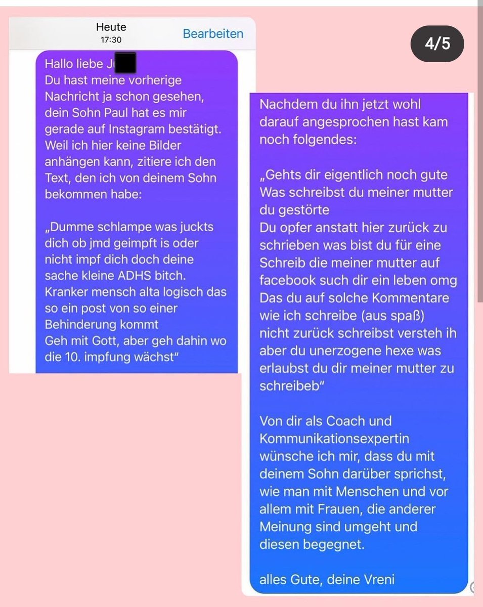 infoluencer's tweet photo. Vreni wurde online beschimpft, u.a von Paul, weil sie sich für das Impfen ausgesprochen hat.
Mit ein paar Klicks konnte sie seine Mutter ausfindig machen und hat ihr geschrieben, was ihr unerzogener Sohn online so treibt.
Großartig. https://t.co/7kNsNIGMiD
