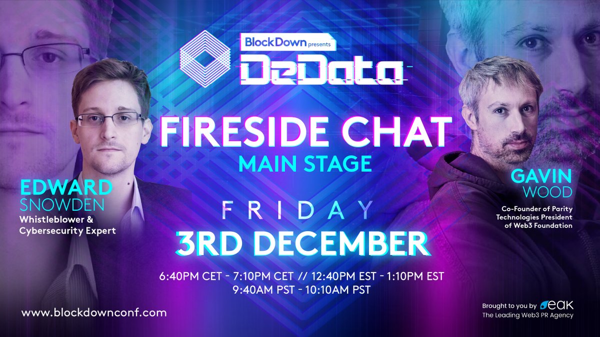 Join famed privacy activist <a href="/Snowden/">Edward Snowden</a> &amp; <a href="/Polkadot/">Polkadot</a>'s <a href="/gavofyork/">Gavin Wood</a> for an historic discussion on DeData tomorrow - you won't want to miss this!

➡️Get your free tickets today: blockdownconf.com