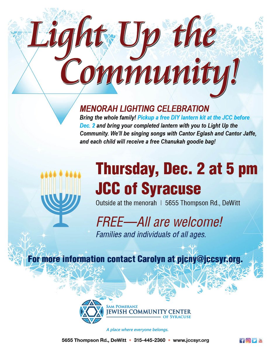 JCCofSyracuse's tweet photo. Join us today at 5 pm for a special outdoor #menorah lighting! We’ll be singing songs with Cantor Eglash and Cantor Jaffe. Free Chanukah goodie bag (while supplies last) for children in attendance! 🕎🔯 https://t.co/cBgAyQTegi