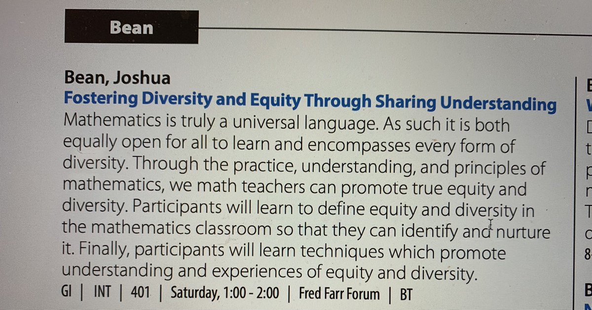 MrJoshuaBean's tweet photo. I’m exited to share at #CMCnorth2021 and my @CAMathCouncil friends this great session on Fostering experiences and understanding of Equity and Diversity in the math classroom. Come explore how bring students to see the important issues and how to bring appreciate both. https://t.co/ERYCBYiYS4