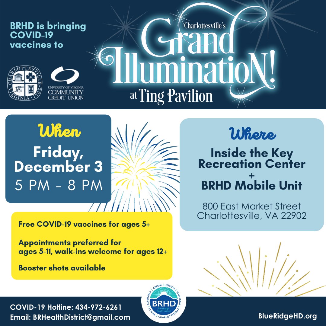 <a href="/CvilleCityHall/">Charlottesville City</a>'s Grand Illumination is tomorrow! We're so excited to see the Oatmeal the Tree all lit up, but even more excited to bring FREE COVID vaccines and boosters to 800 East Market Street, 5-8pm!

Appointments preferred for 5-11, walk-ups welcome: vdh.virginia.gov/blue-ridge/cov…