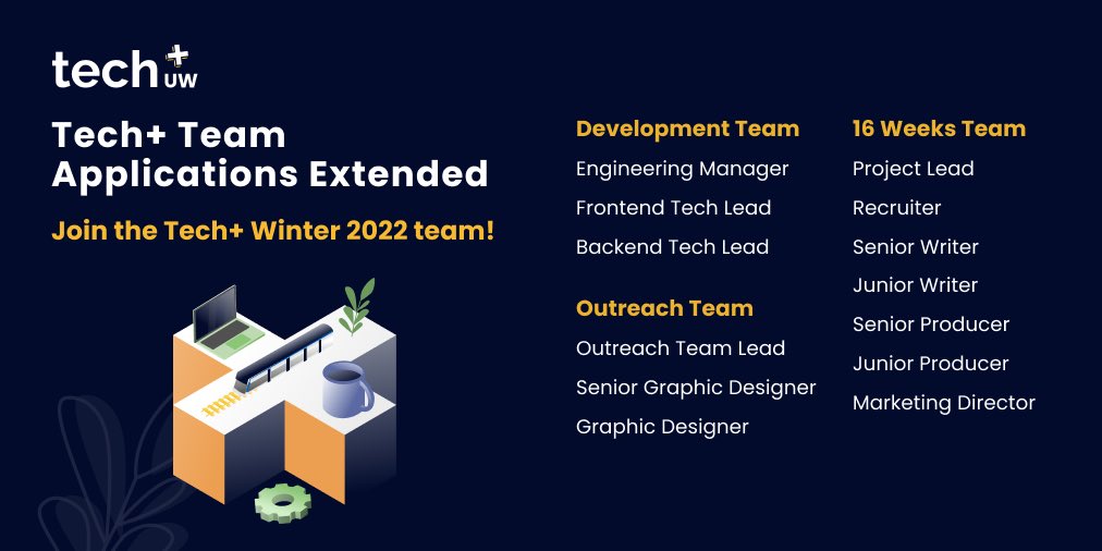 techplusuw's tweet image. Applications are still open for the following positions from each team! 
Applications will be reviewed on a rolling basis so be sure to keep an eye out on your inbox for the status of your application.
👉Learn more: bit.ly/join-techplus-…
📝Apply now at: bit.ly/techplus-w22-a…