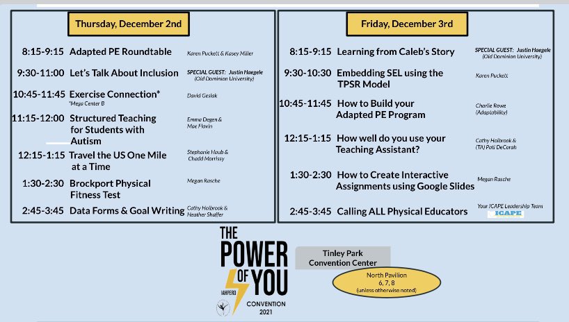 We are excited to finish day one of #IAHPERD21 with <a href="/rasche_pe/">Megan Rasche</a>, <a href="/SD25AdaptedPE/">Cathy Holbrook</a>, and Heather Shaffer presenting on Brockport and goal writing come join us in the North Pavilion.