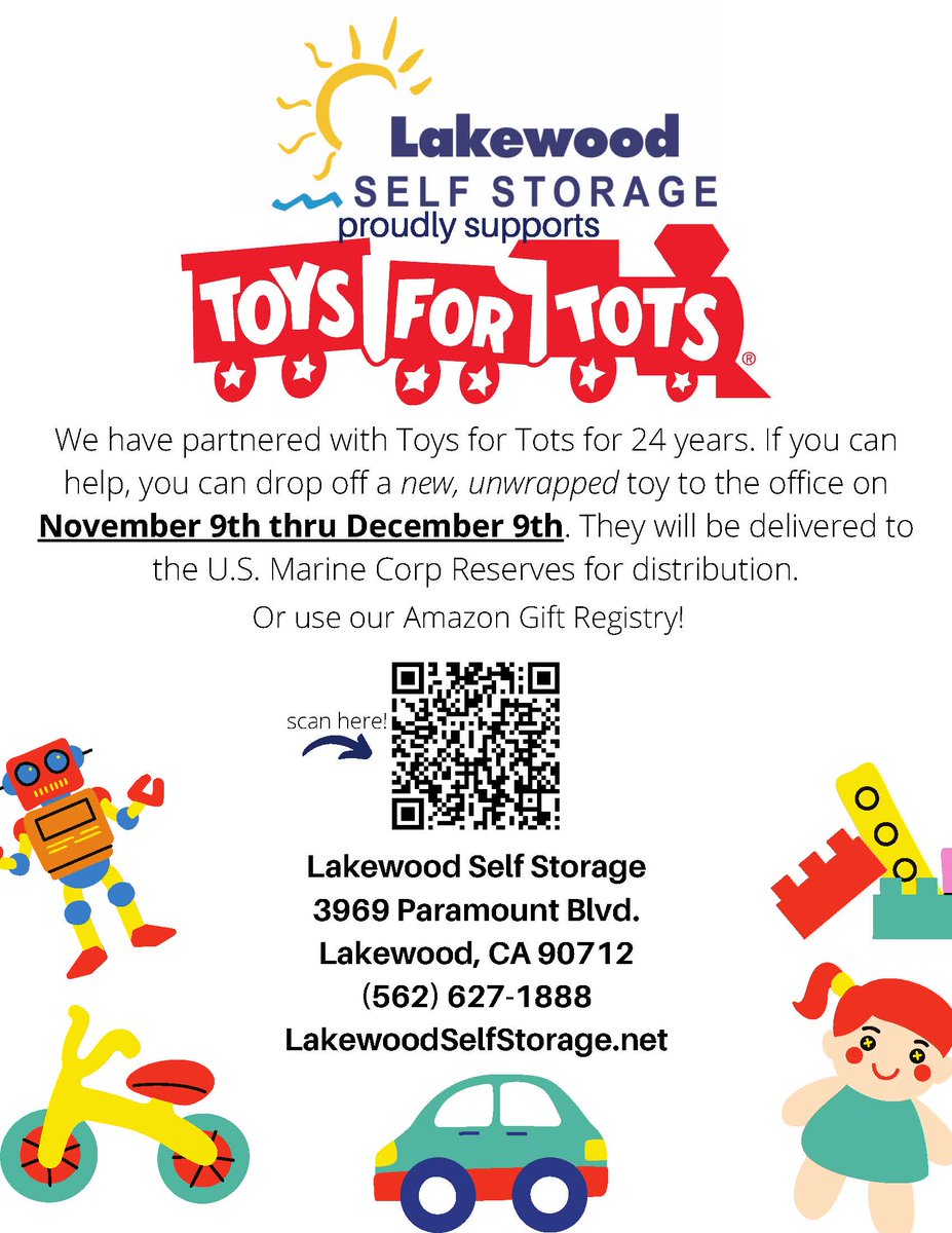 There's only one week left for the Lakewood Self Storage Toys for Tots Toy Drive! Bring a new, unwrapped toy to their office or visit their Amazon Gift Registry by scanning the QR Code below.