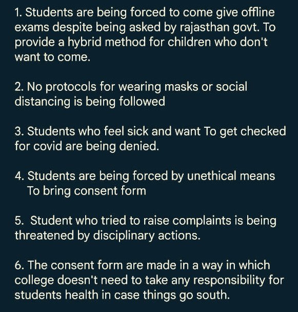er_student's tweet photo. #manipalexamfiasco
The college threatening students to fill the consent form which says parents are soley responsible for their child's health by saying they won't let the student give the exams is highly unethical 
@ashokgehlot51
@anubha1812
 #enoughmanipal https://t.co/EKiyeAoshc