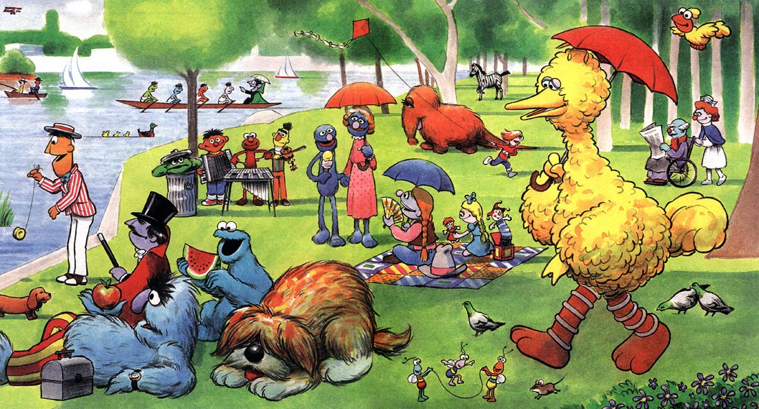 "Sunday in the Park with Big Bird"
after Georges Seurat