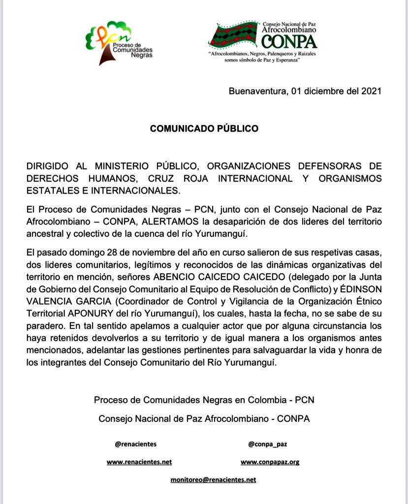 renacientes's tweet image. #ALERTA Desde el pasado 28 de noviembre se encuentran desaparecidos
los señores ABENCIO CAICEDO CAICEDO integrante de la Junta de Gobierno del Consejo Comunitario del Río Yurumanguí y ÉDINSON VALENCIA GARCIA Coordinador de Control y Vigilancia de la org étnico-territorial APONURY