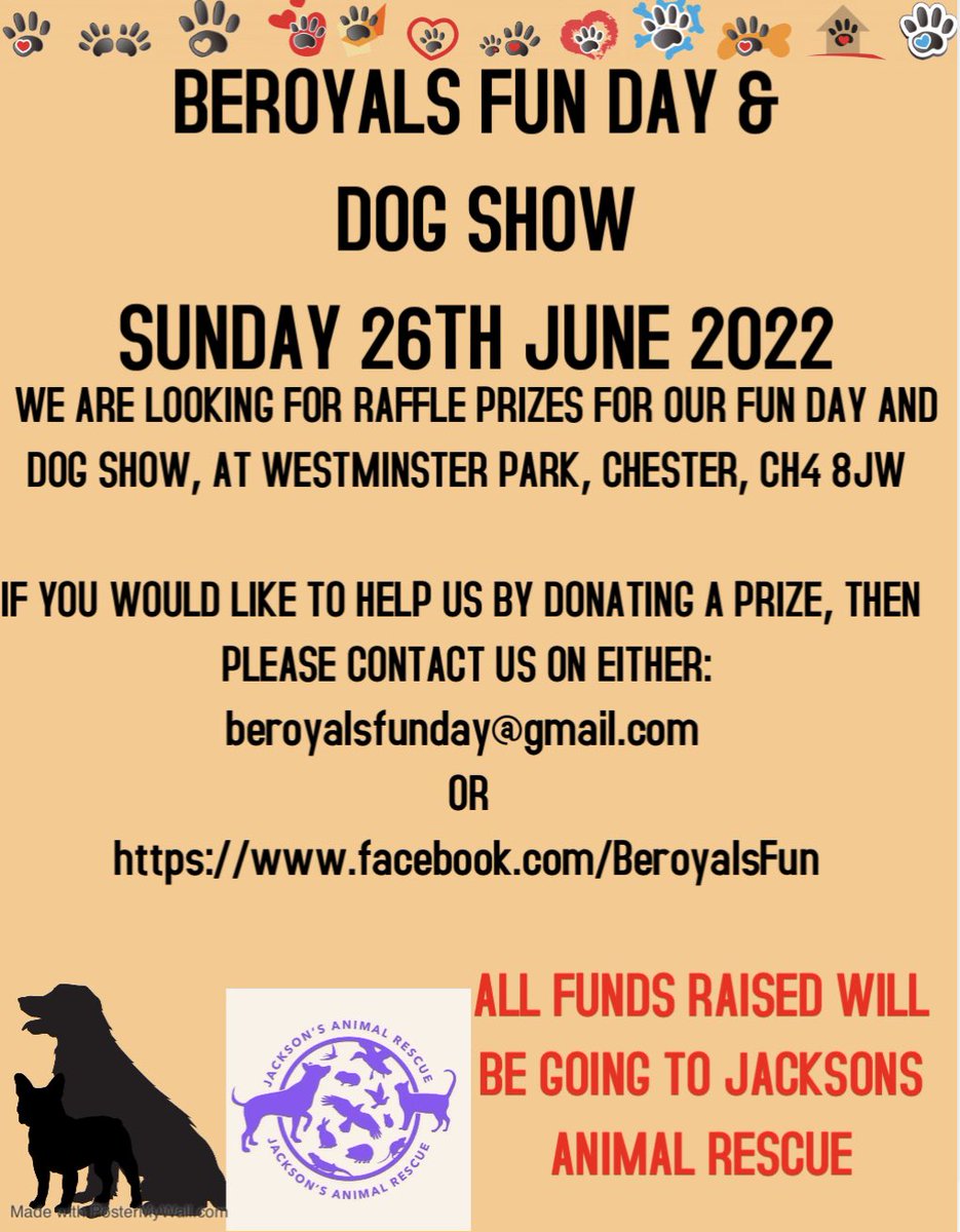 beroyals1's tweet photo. Hey guys. Now we have found out that we will be raising funds for Jackson's Animal Rescue, it is now time to start planning. 
So if you would like to become a stall holder or able to help with raffle prizes then contact us @ShitChester @where_dogs @wearechester @chestertweetsuk https://t.co/qNzeHrMYPv