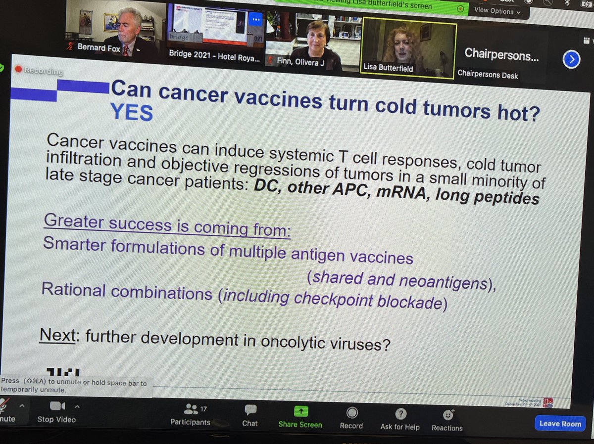 BernardAFox's tweet photo. Another GREAT DEBATE! Can #Cancer #Vaccines turn a cold tumor hot? Profs. Lisa Butterfield @parkerici & Olivera Finn @UPMCHillmanCC Argue point/Prof Butterfield is yes/Prof Finn is MAYBE/depends on right Ag/Great discussion #immunotherapy @PAscierto @FondMelanoma #IOBridge2021 https://t.co/NFtm5pZnRz
