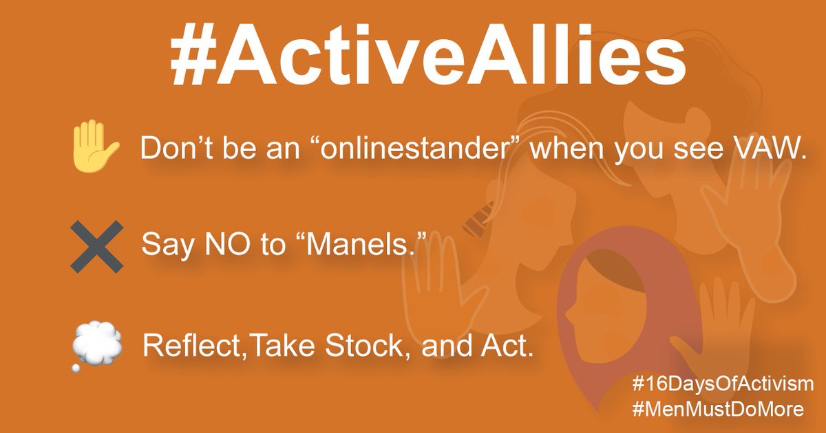 NDI's tweet photo. 📣📣 Join @NDI/@NDIWomen's campaign #MenMustDoMore to be #ActiveAllies to end #ViolenceAgainstWomen &amp; share your pledge to: 

✋🏼 Not be an "Onlinestander" when you see VAW. 
❌ Say No to "Manels."
🤔 Reflect, Take Stock &amp; Act.

#OrangeTheWorld #16Days https://t.co/b4QGx39aeh