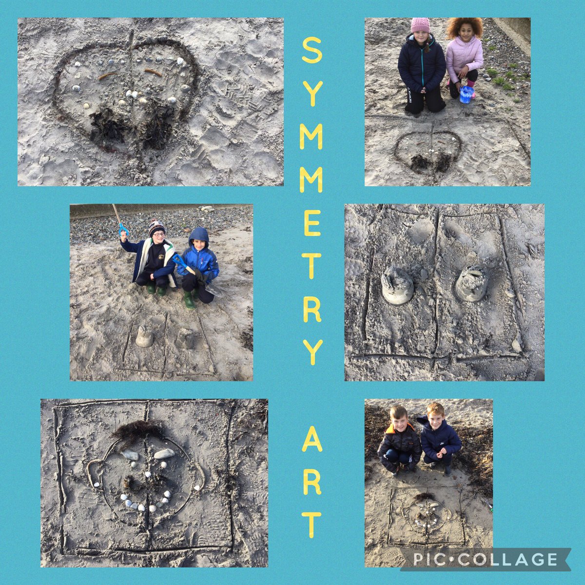 bps_p6's tweet photo. Today’s challenge for P6 at beach school was ‘symmetry art’. They made some fantastic symmetrical pictures and patterns. @beachschoolsuk @BallywalterPS #beachschool #symmetryart #p6rocks https://t.co/HKVs1iHDY5