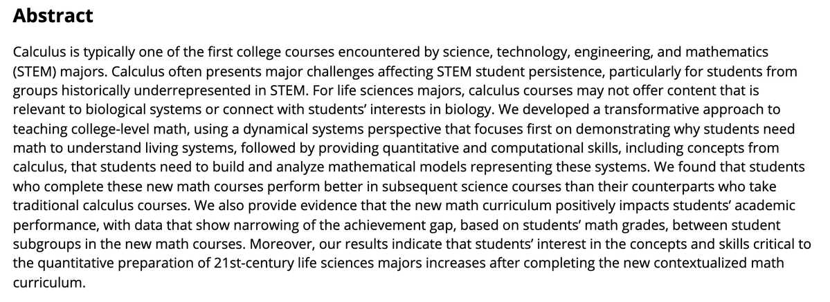 What's a good way to teach math to students interested in biology and medicine? Most colleges have a 'calculus for life sciences' course, but these folks at UCLA have redesigned their course around dynamical systems and mathematical modeling. lifescied.org/doi/10.1187/cb…