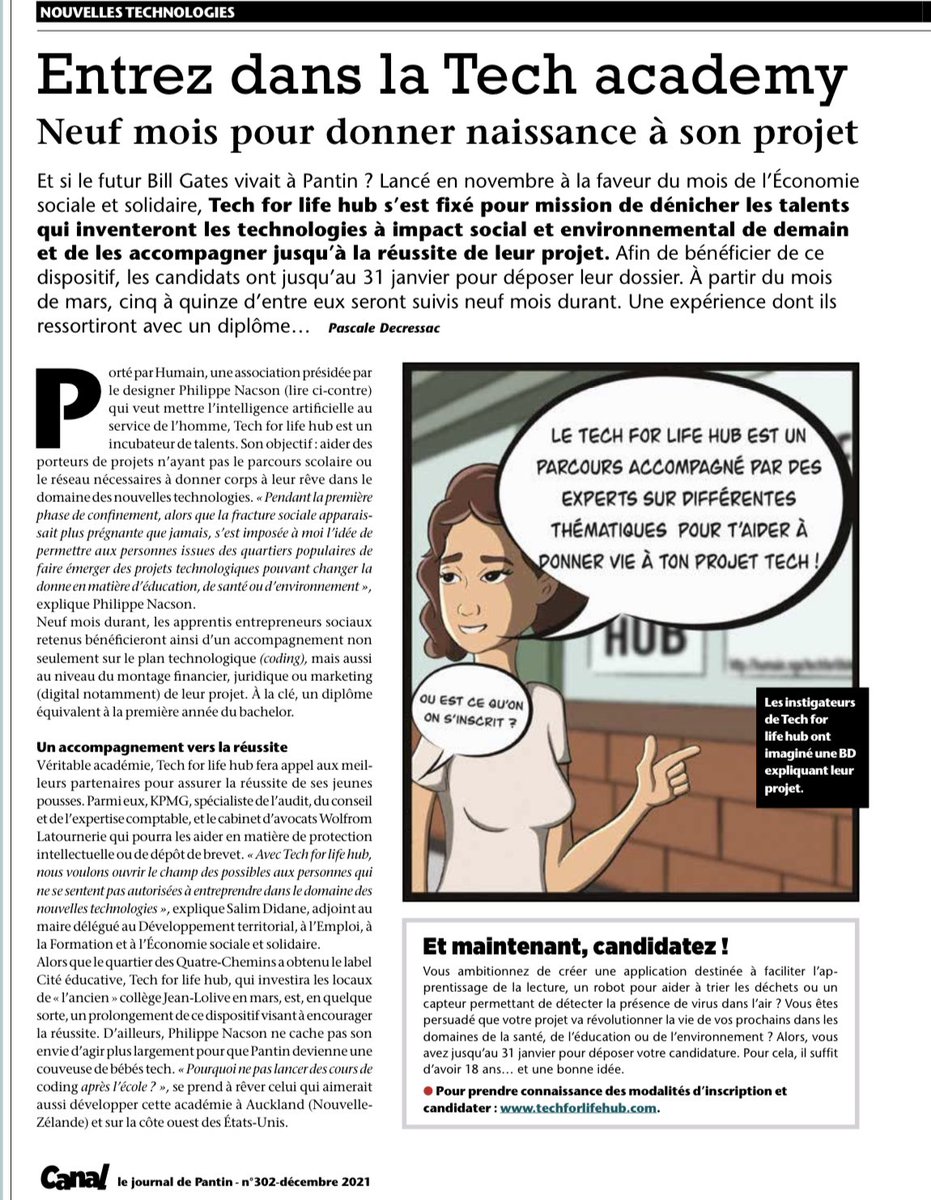 humain_ngo's tweet photo. Merci @VilledePantin pour ce très bel article dans Canal sur le @TechForLifeHub !

@FondationKPMGFr @lwa_avocats @gandibar @lpjcoaching https://t.co/EN6MjvBTsx