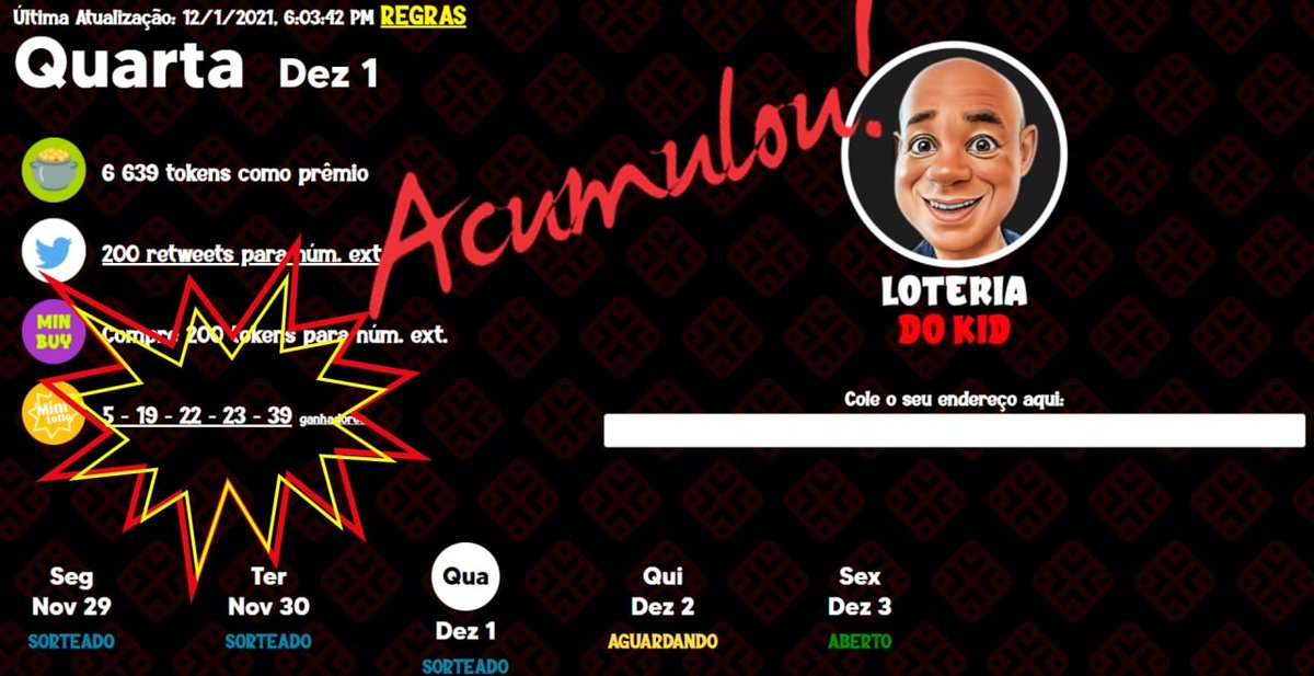 XXT_Token's tweet photo. Loteria do Kid
Prêmio de 01/12/2021 Acumulou
Números sorteados: 5 - 19 - 22 - 23 - 39

Concorra você também em https://t.co/D1rCXNryYV

#xxt #bitcamxxt #bitcoin #BTC #binance #crypto #loteria #lottery #nft #cryptocurrency #coinmarketcap #coingecko #pancakeswap #trustwallet https://t.co/ExnatfLpdT