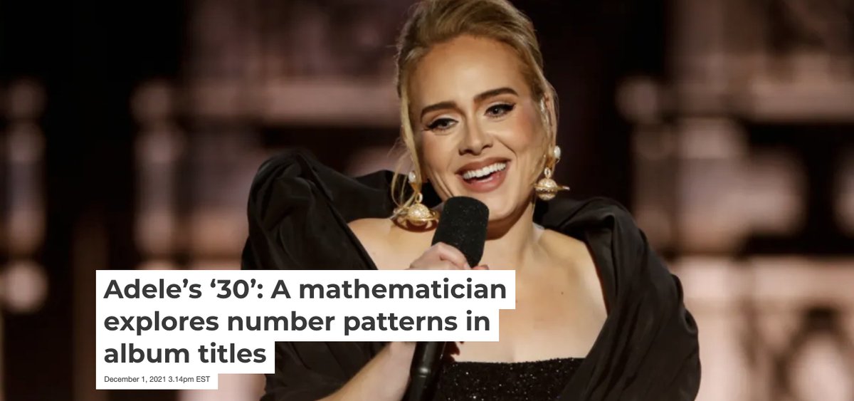 TorontoMetSci's tweet photo. Dr. @Anthony_Bonato writes about the mathematical patterns found in Adele's albums, including her latest #Adele30, in @ConversationCA: https://t.co/XXl6LBU6bh
#Math #Mathematics #Sequencing #Music #RyersonScience #RyersonResearch #Adele https://t.co/hpPbGj8DFM