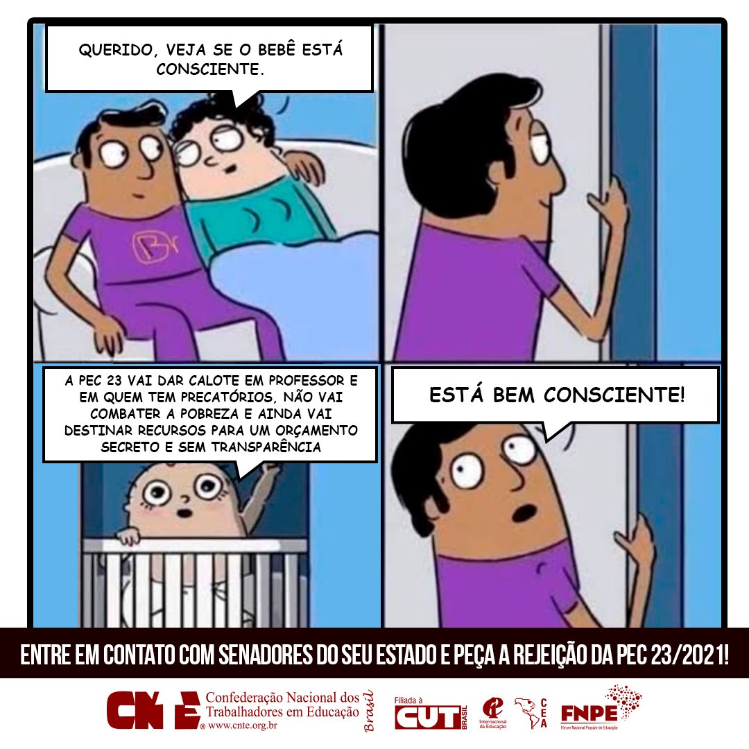 CNTE_oficial's tweet photo. A luta contra a PEC do calote e da falta de transparência do uso dinheiro público continua!
Vamos juntos, é hora de pressionar os/as senadores/as!
#pec23não #pecdosprecatórios #pecdocalote #pec23 https://t.co/6medk8JhJ1