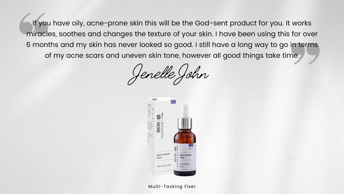 SkinFunctional's tweet photo. We love customer reviews just as much as Jenelle John loves the Multi-Tasking Fixer. 🤩

https://t.co/5OFfT7akmF

#skinfunctional #skincareza #skinprogress #review #customerfeedback #azelaicacid https://t.co/64wVl7YWdG