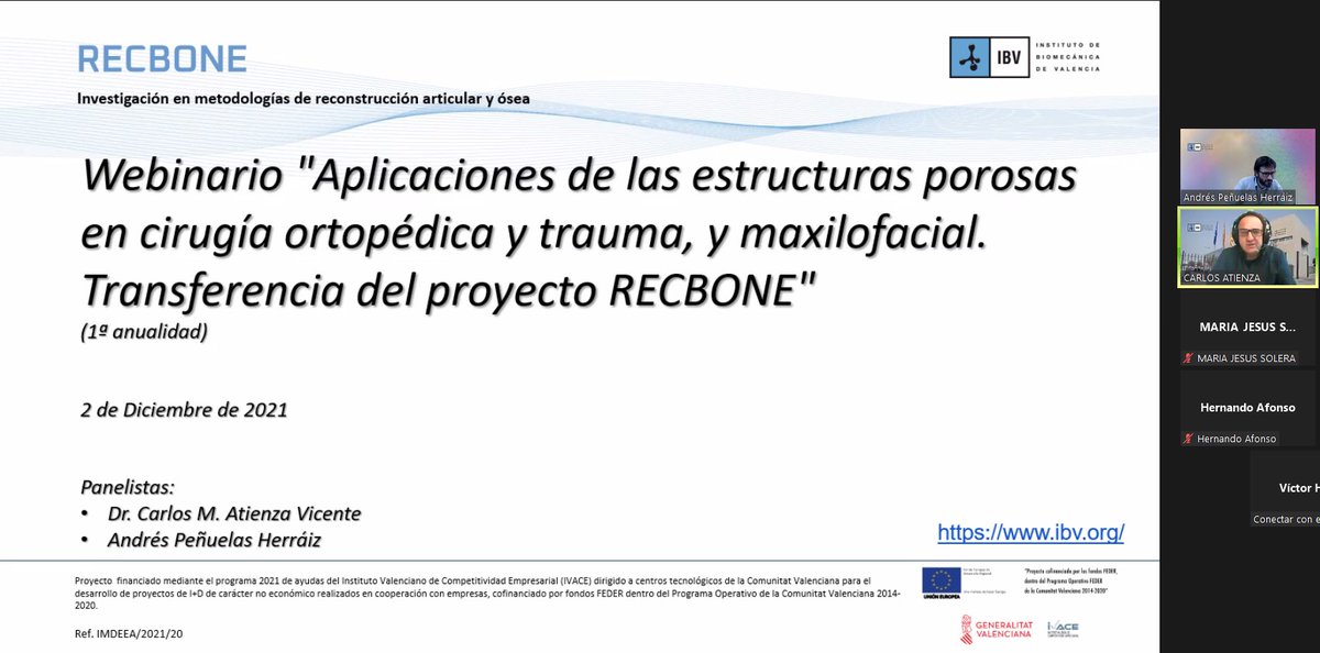 ibv_org's tweet photo. Comienza el #webinar "Aplicaciones de las estructuras porosas en cirugía ortopédica, trauma y maxilofacial - Transferencia del proyecto #RECBONE".

🔈 Lo están impartiendo nuestros compañeros Carlos Atienza y Andrés Peñuelas. https://t.co/U15qvF0KJI