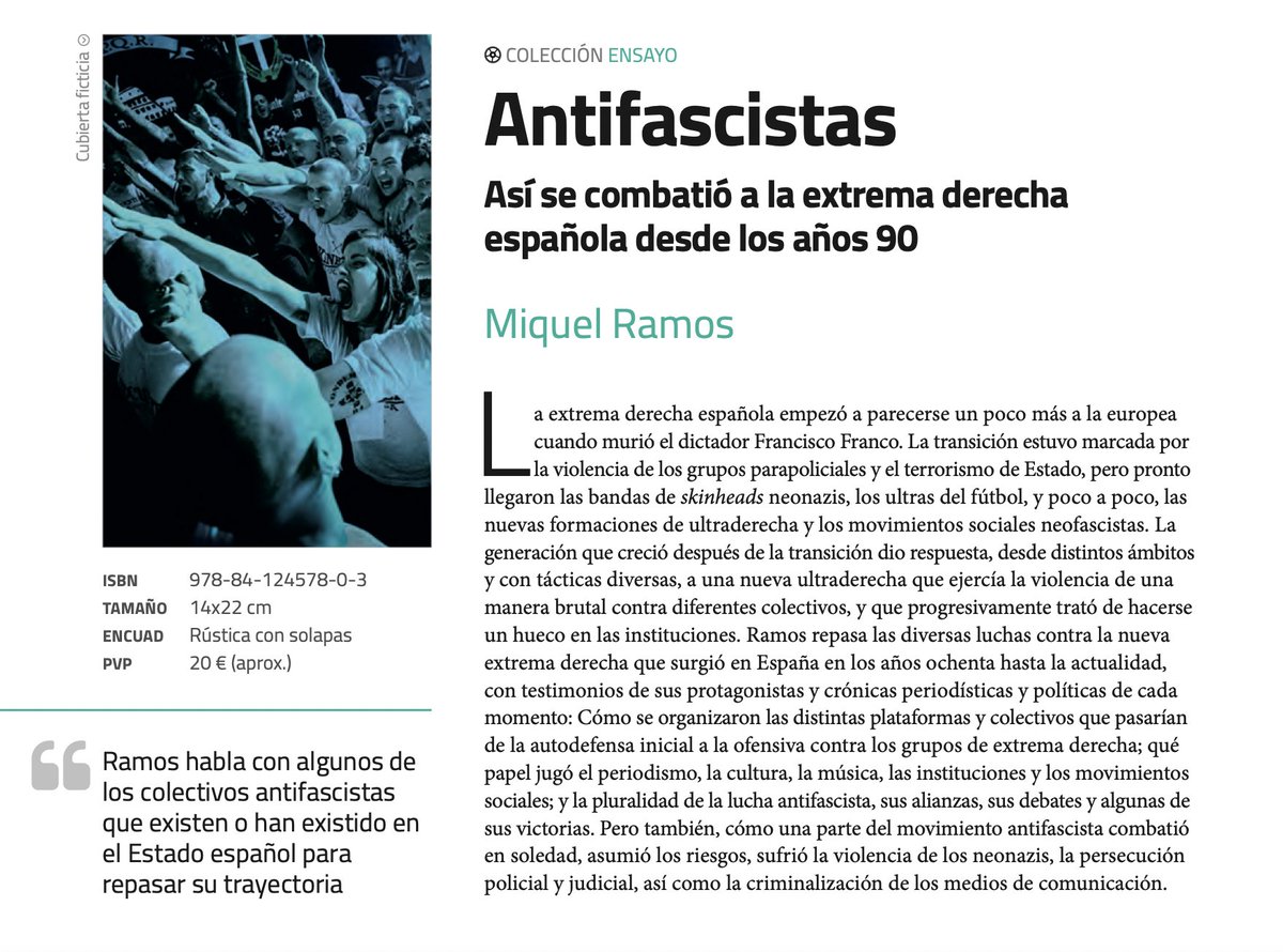 Se han escrito últimamente muchos libros sobre la extrema derecha. 

Ahora es el momento de que hablen quienes llevan décadas combatiéndola en soledad, con todas sus consecuencias. Esta es parte de su historia. 

Este trabajo verá la luz en marzo de 2022 con <a href="/Capitan_Swing/">Capitán Swing</a>