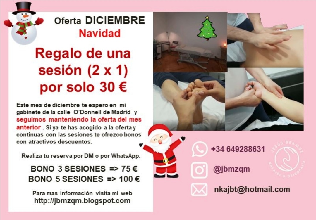 BeamuzJesus's tweet photo. OFERTA DICIEMBRE
Masajista y Osteópata ofrece sus servicios en gabinete ubicado en el distrito de Salamanca y a domicilio por Madrid y alrededores. Realizo masajes relajantes, terapéuticos, decontracturantes,etc. También para la Celulitis. En la imagen puedes ver la promoción. https://t.co/rShc2mBpZH