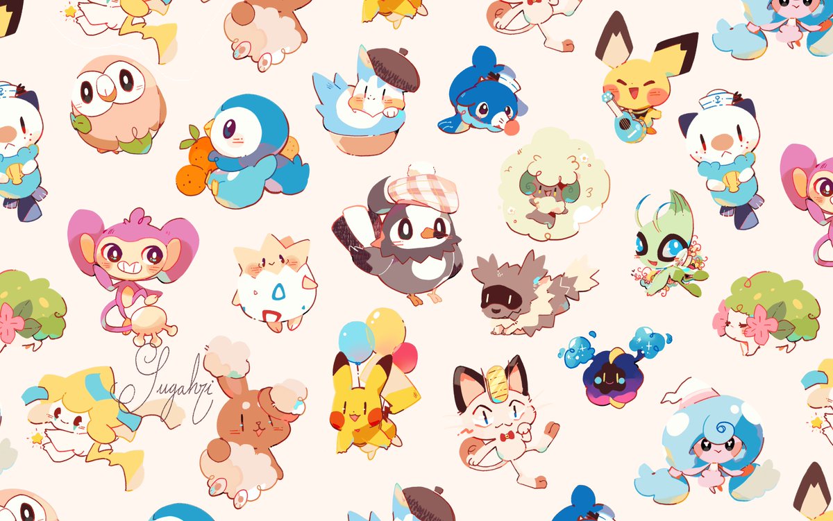 ミジュマル ,ポッチャマ 「Lots of Pokémon friends! ✨🌻 」|Sugar🍓🍓のイラスト
