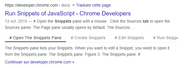 clairuffin's tweet image. Dans Google je vois de plus en plus d'affichages enrichis sous forme de "tabs". Les contenus avec une table des matières semblent concernés. De la doc sur le sujet ?