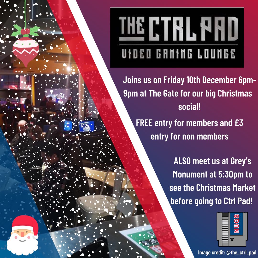 NewcastleGaming's tweet photo. ❄️Gamesoc Christmas Social❄️

On Fri 10th Dec 6pm-9pm we're taking over The CTRL Pad, NCL's largest gaming lounge, inside The Gate! Enjoy an evening playing a wide variety of single and multi-player games on PC, PlayStation, Xbox, Switch, retro consoles, racing sims and VR! https://t.co/YEmmfC4yNY