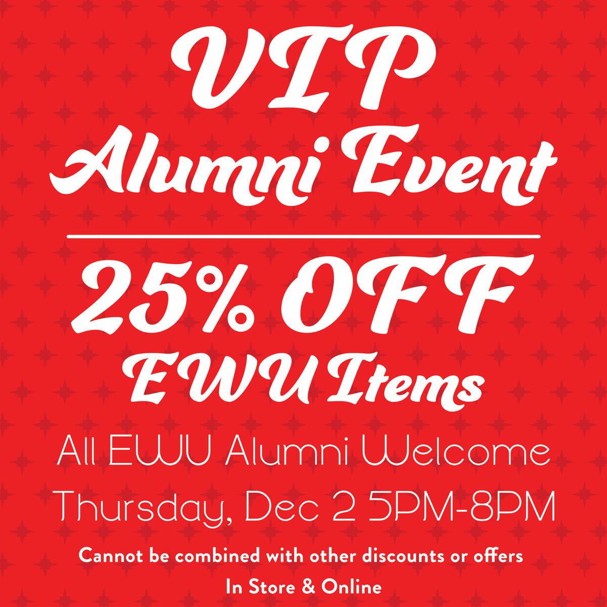 EWUEagleStore's tweet photo. ATTN: EWU Alumni! 
🦅Tonight from 5pm-8pm enjoy an early start on our 25% off Holiday Sale! 
🦅 @ewualumni will be hosting special giveaways &amp; a hot cocoa bar! 
🦅Holiday sale open to all Fri &amp; Sat from 10am-4pm! 
🦅Holiday sale valid on EWU items &amp; all bags in store &amp; online. https://t.co/3iuLEVvQkr
