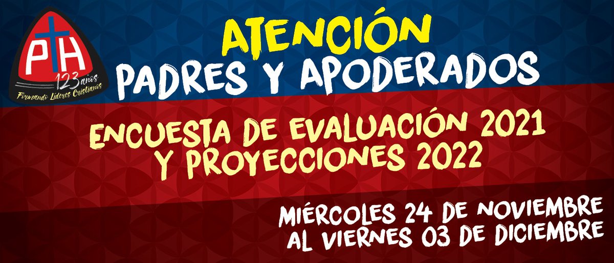 CSPAHurtado's tweet photo. ATENCIÓN PADRES Y APODERADOS:
Este viernes 03 de diciembre vence el plazo para responder la Encuesta de Evaluación 2021 y Proyecciones 2022.
Vuestra opinión es muy importante.
https://t.co/NqNzJELzle https://t.co/JINVKJz89E