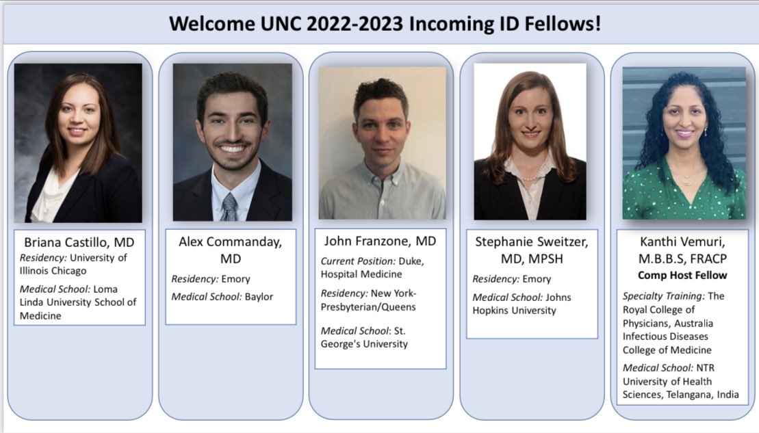 claire_farel's tweet photo. Delighted to match a stellar new group of @UNC_ID fellows for 2022! 🎉🥂 Welcome to the @UNCDeptMedicine and @UNCMedCenter! #IDtwitter https://t.co/whZgFQ0r6t
