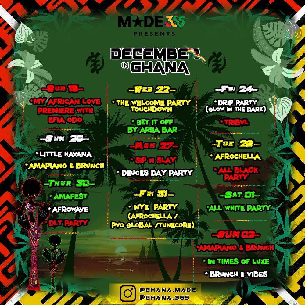 __GhanaMade's tweet photo. ACCRA WE DEYY!!!๐๐พ We told you we had some news for you today. Hereโs our initial lineup of events that we, the #made365 team will be attending. Letโs do enjoyment together. Look out for our more detailed weekly list of events!๐ฌ๐ญ๐ฌ๐ญ๐ฌ๐ญ #AmapianoFestivalGh #DecemberInGH https://t.co/4O6dQ0IF3Y