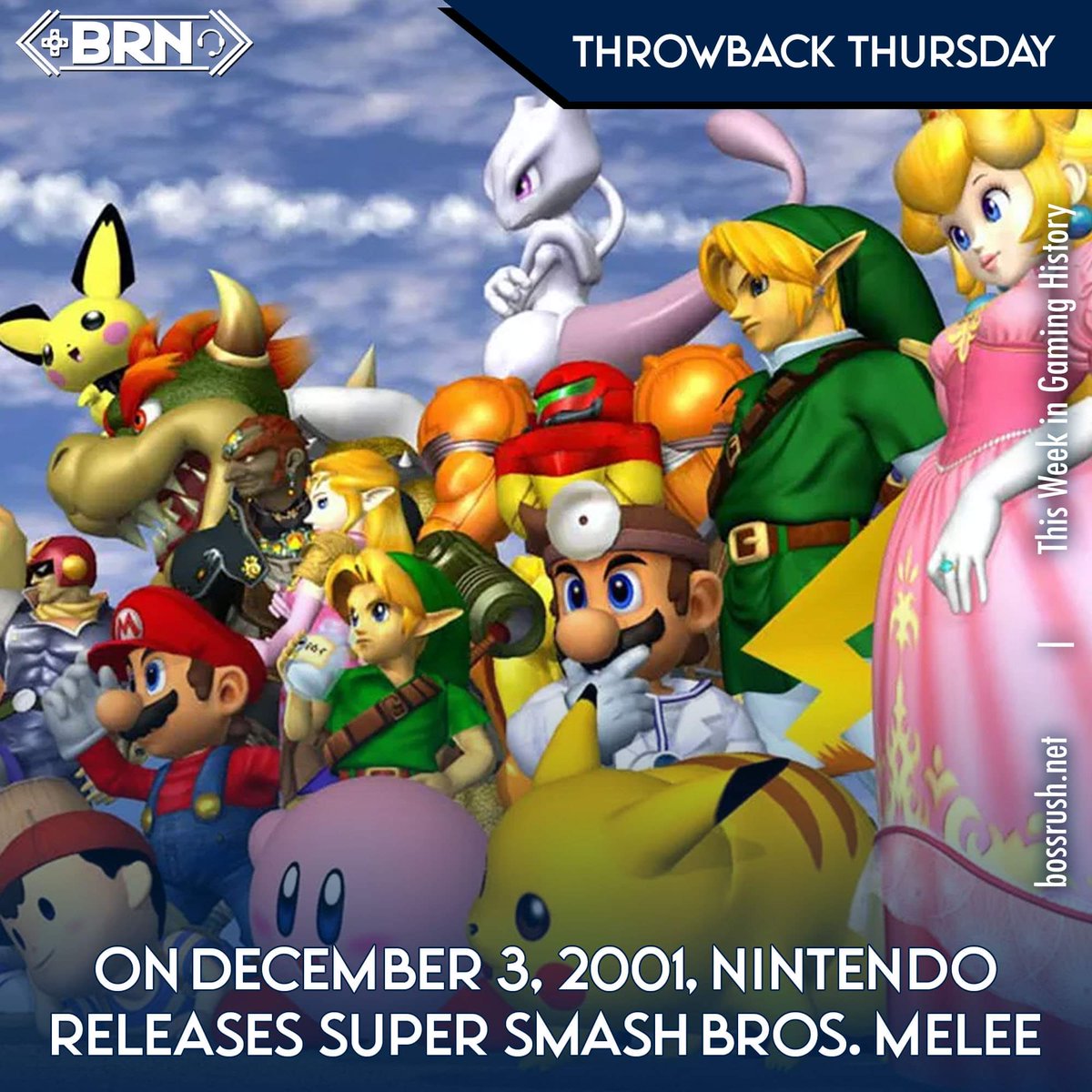BossRushNetwork's tweet photo. On December 3, 2001, Nintendo changed the way we looked at fighting games by releasing Super Smash Bros. Melee on the GameCube. #ThrowbackThursday #bossrushnetwork #bebetter https://t.co/Uvd7D0g54B
