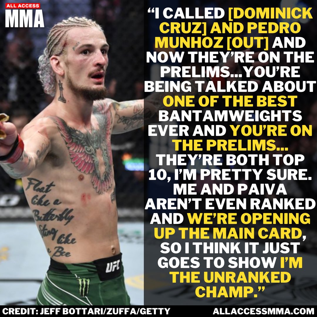 O’Malley @SugaSeanMMA on Dominick Cruz and Pedro Munhoz fighting on the prelims

“One of the best bantamweights ever and you’re on the prelims.”

#UFC https://t.co/XtCV0obcXC