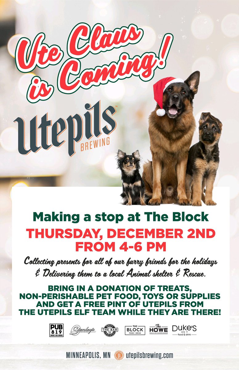 UtepilsBrewing's tweet photo. Join us tonight at @theblockslp from 4-6. Bring in a donation for a pet and get a free pint. How cool is that? See you there! https://t.co/SwgwDvsO3G