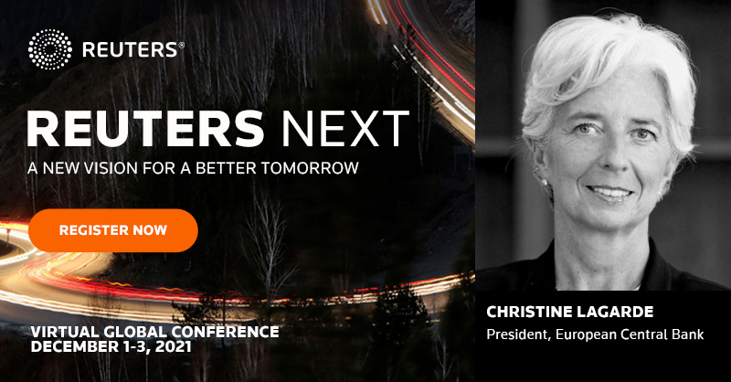 Lagarde's tweet photo. I'll be speaking with @aagalloni about Europe’s economic recovery from the pandemic and other topics at the #ReutersNext conference from 9:30 CET on Friday, 3 December.

Register to watch live https://t.co/dNanaiToBs https://t.co/2yIwj55j6x
