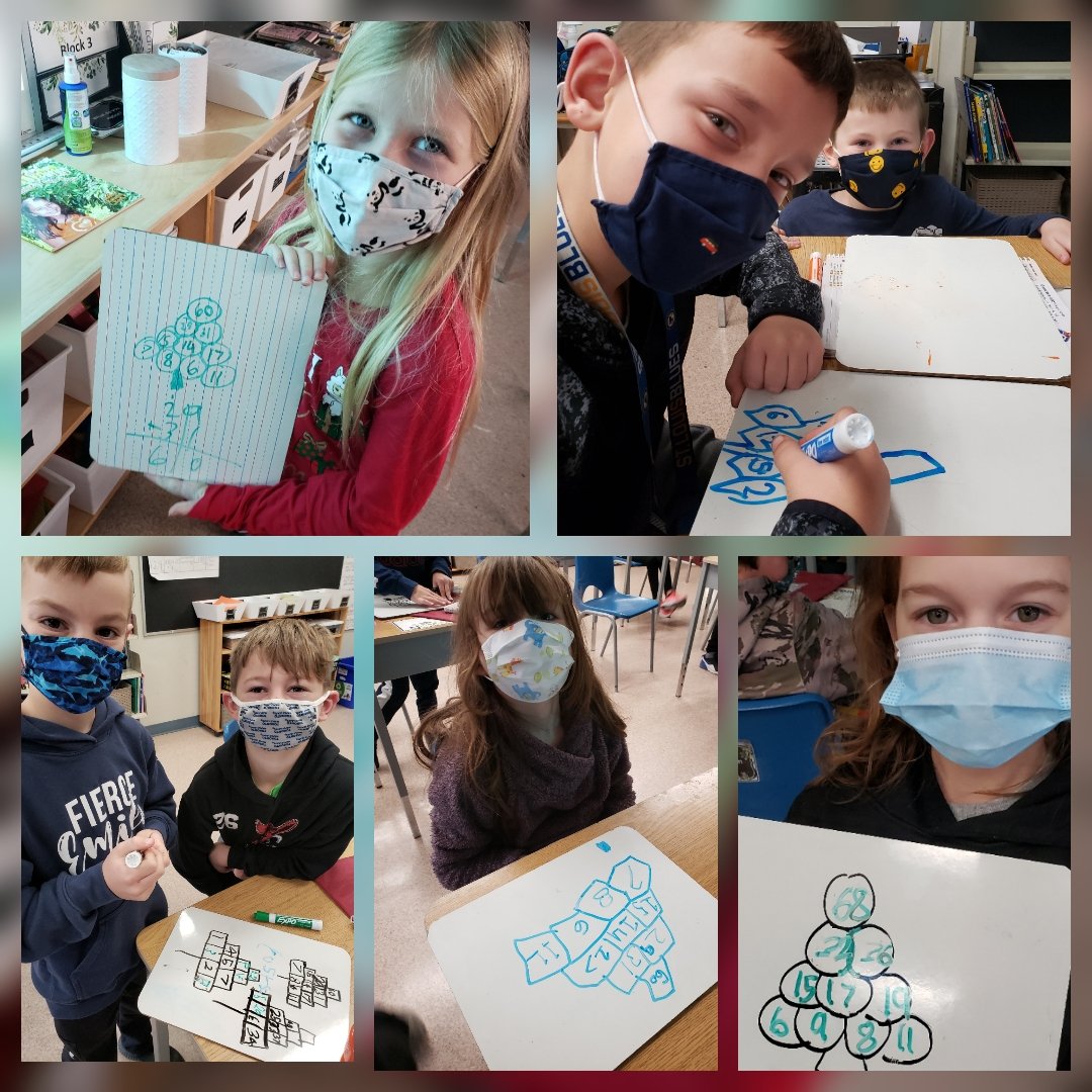 Mrs Daley Twitter Tweet: We're in the festive spirit and have a few math projects + models on the go...building Christmas Trees with missing addends or sums today. This lead to so much math talk and thinking among learners. They even made their own for a friend to solve! @GEDSB @JarvisJets #mindson https://t.co/rv02BotG2X