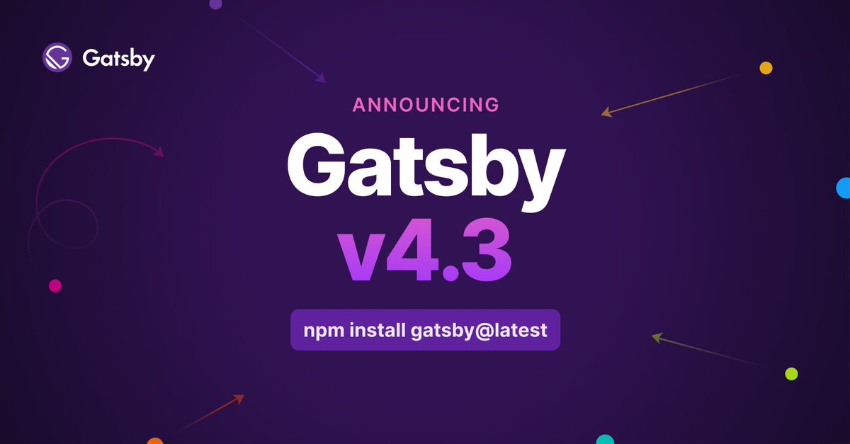 GatsbyJS's tweet photo. 🥳   Announcing: Gatsby v4.3!

https://t.co/YZjhQxuMEO

Highlights:
🔸  The createNodeManifest action gets a performance boost for an improved Content Sync experience.
🔸  Gatsby V4.3 is now 100% up to date with the latest React 18 version.

💜  Shout-out to all the contributors! https://t.co/jVXdT3R636